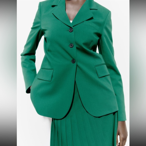 Zara Wool Blend Straight Cut Green Blazer 3 Button - Picture 4 of 15